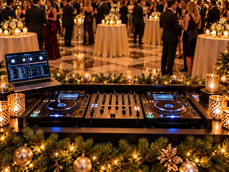 Corporate holiday party in a ballroom with a DJ booth and festive lighting