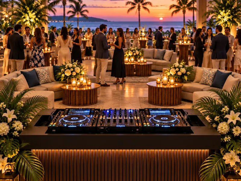 Corporate reception lounge at sunset with a DJ booth and candlelit seating